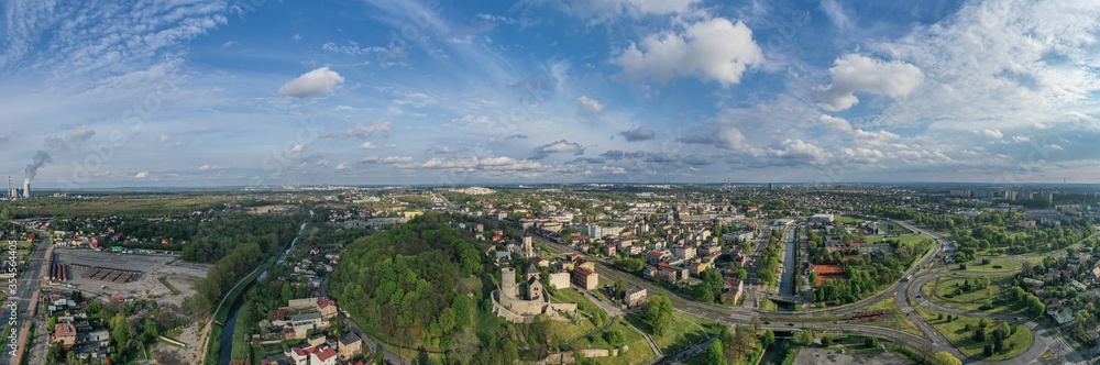 Aerial panoramic photo of Bedzin city and Bedzin medieval castle.