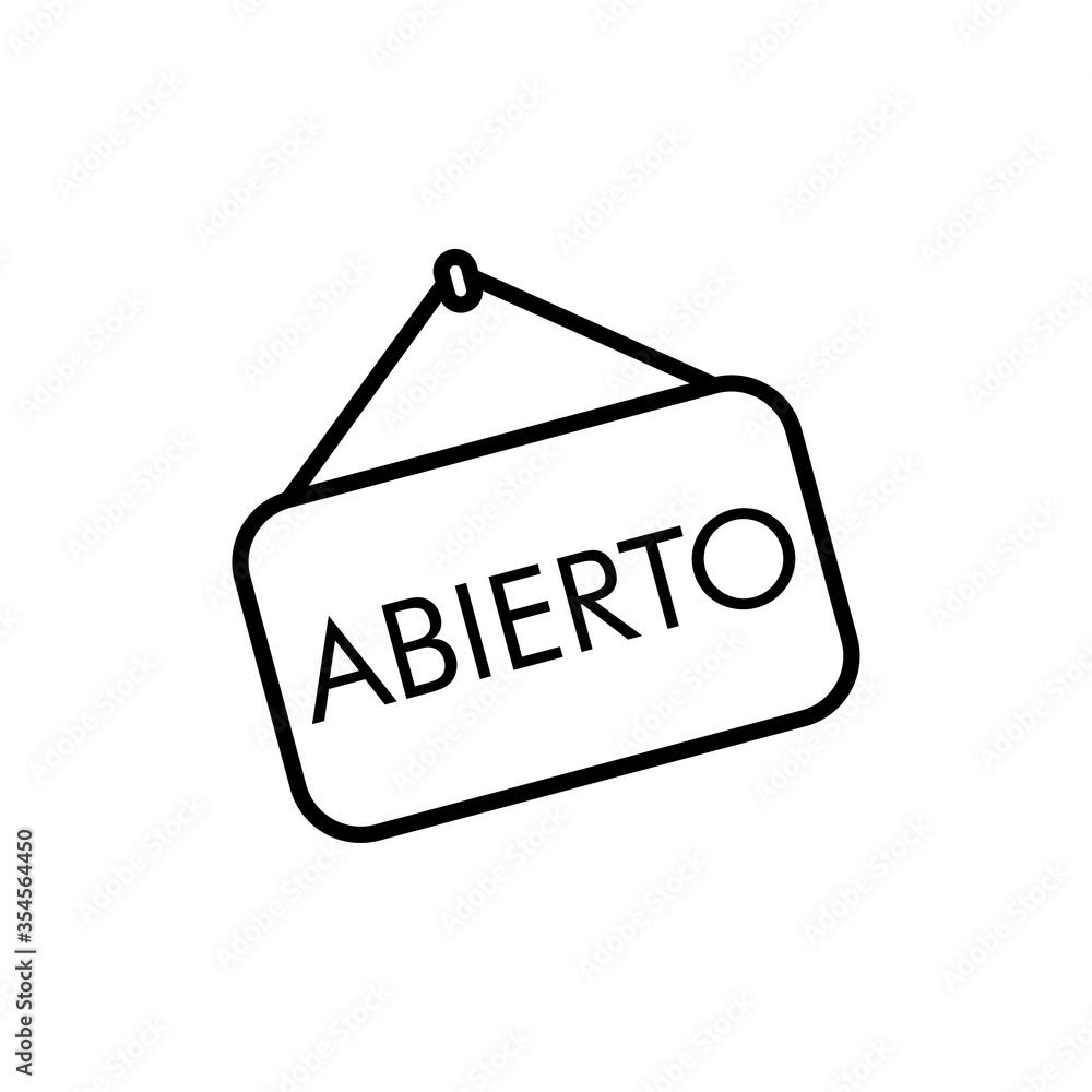 Icono plano lineal letrero colgar con palabra ABIERTO en color negro Icono plano lineal letrero colgar con palabra ABIERTO en color negro