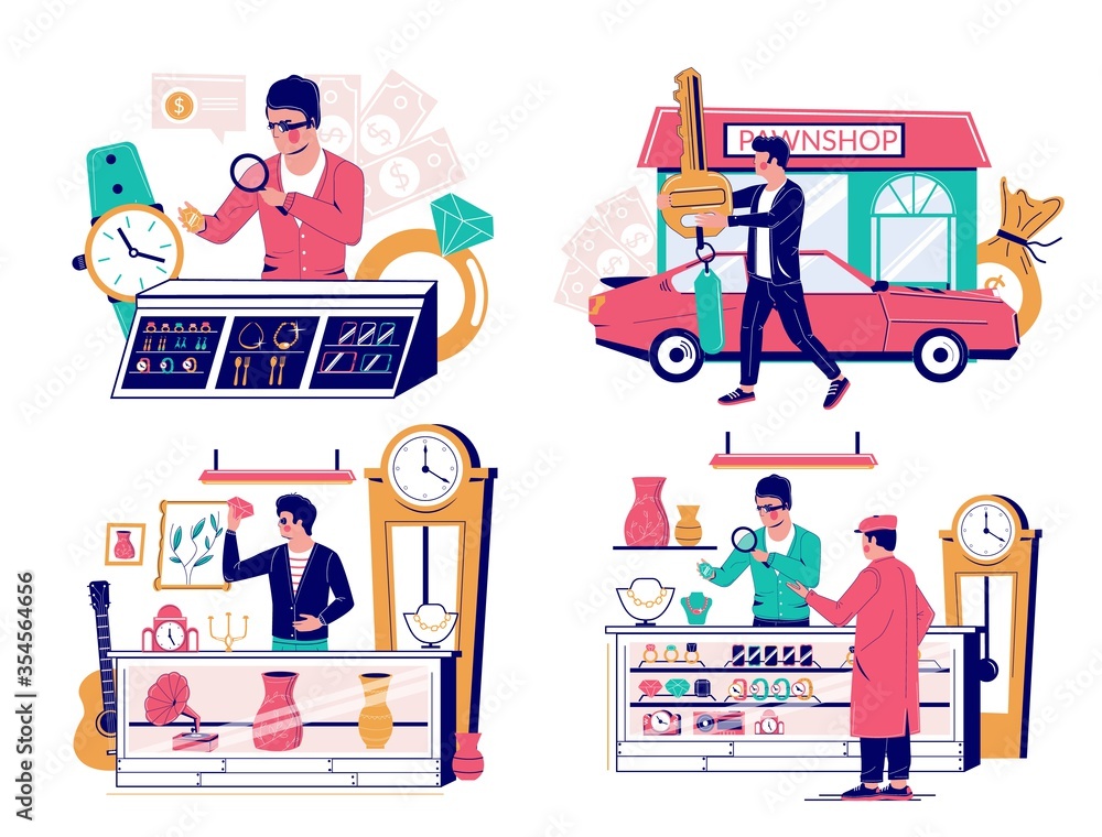 Pawn shop set, vector flat isolated illustration Pawn shop set, vector flat isolated illustration