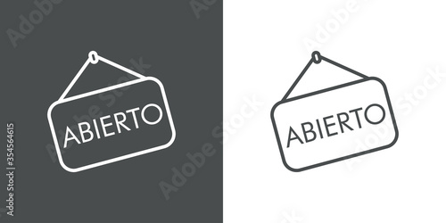 Icono plano lineal letrero colgar con palabra ABIERTO en fondo gris y fondo blanco