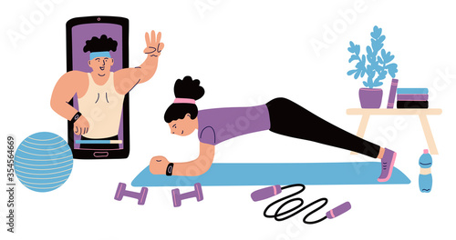A woman training  at home with her coach in a smartphone. She has sport equipment fitball, jump rope and dumbbells. Plank exercise. Online workout concept. Vector illustration isolated on white.