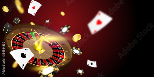 Online casino. Smartphone or mobile phone, slot machine, casino chips flying realistic tokens for gambling, cash for roulette or poker,