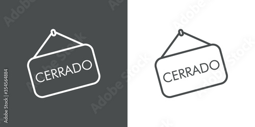 Icono plano lineal letrero colgar con palabra CERRADO en fondo gris y fondo blanco