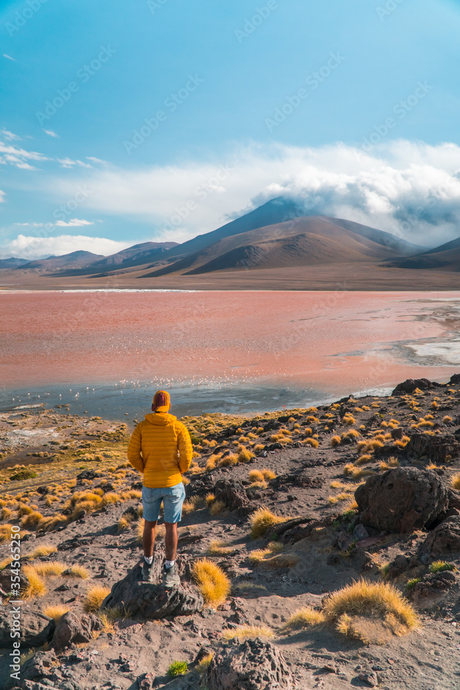 Tourist, Red Lake mountain landscape, Bolivia. man with Beautiful colored water, with mountains background and unique scenic view. Flamingos in the lake. Shot in Uyuni, Salar de Uyuni, South America