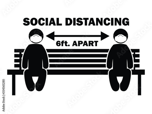 Social Distancing 6 ft. Apart Stick Figure with Mask on Bench. Illustration arrow depicting social distancing guidelines and rules during covid-19. EPS Vector