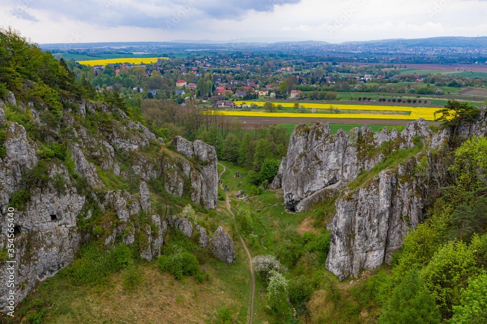 Drone view on limestone rocks in Jura Krakowsko-Czestochowska.