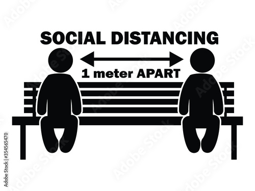 Social Distancing 1 Meter Apart Stick Figure on Bench. Illustration arrow depicting social distancing guidelines and rules during covid-19. EPS Vector 