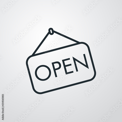 Icono plano lineal letrero colgar con palabra OPEN en fondo gris