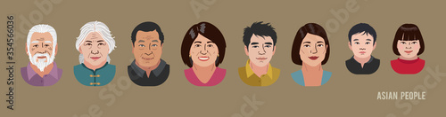 Asian People Head Avatar Set. Different Characters. Man Woman and Children Portrait Cartoon Illustration. Children Adult and Older people Faces. Vector Illustration