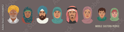Middle Eastern People Head Avatar Set. Different Characters. Man Woman and Children Portrait Cartoon Illustration. Children Adult and Older people Faces. Vector Illustration.