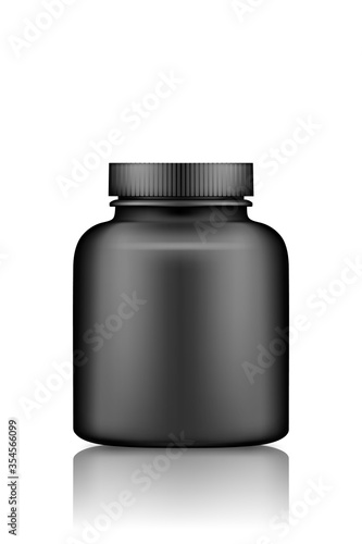 Medicine pills or supplement black plastic bottle mockup isolated on white background. Package design. Blank medicine, fitness dietary nutrition, healthcare template. 3d realistic vector illustration