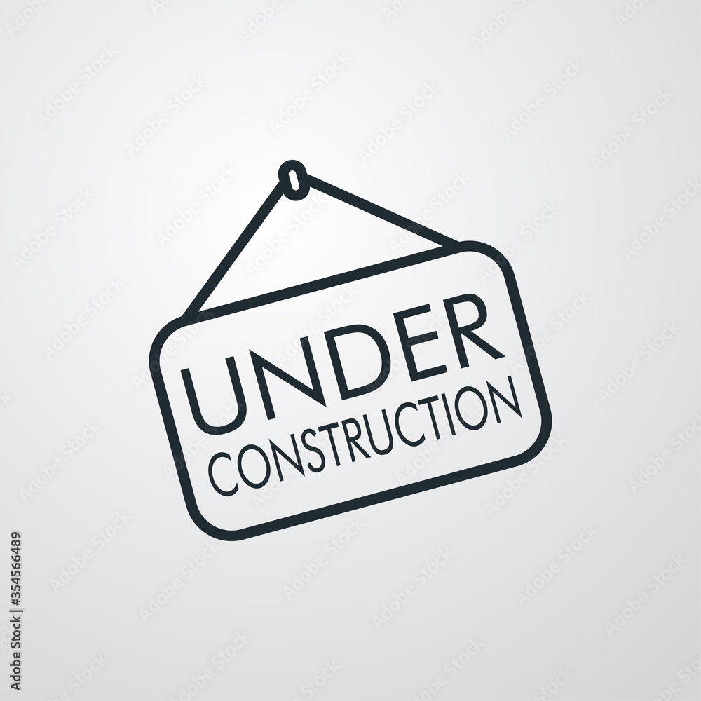 Símbolo página web en construcción. Icono plano lineal letrero colgar con palabra UNDER CONSTRUCTION en fondo gris Símbolo página web en construcción. Icono plano lineal letrero colgar con palabra UNDER CONSTRUCTION en fondo gris
