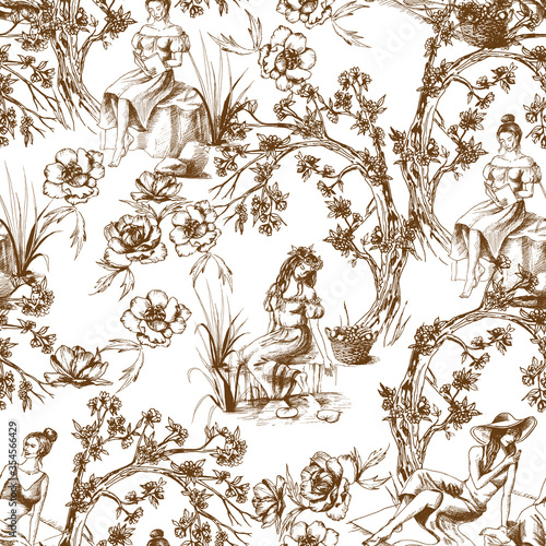 Seamless pattern in toile de jouy style in brown color. Different hand-drawn compositions with women. Texture for ceramic tile, wallpapers, wrapping gifts, web page backgrounds. Vector illustration
