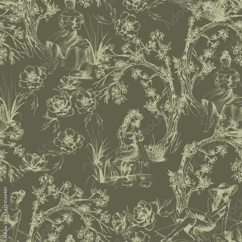Seamless pattern in vintage style in brown colors. Different hand-drawn compositions with women. Texture for ceramic tile, wallpapers, wrapping gifts, web page backgrounds. Vector illustration