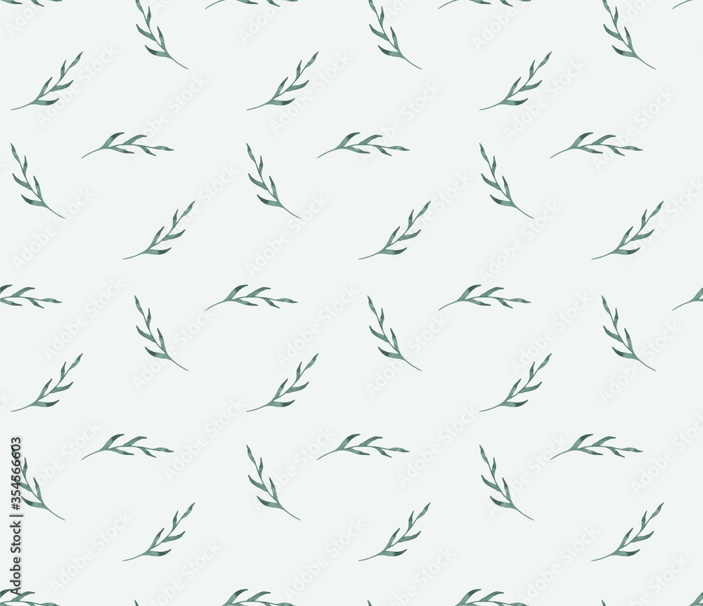 Watercolor seamless branches pattern on green  background. Herbal print. Rustic wallpaper