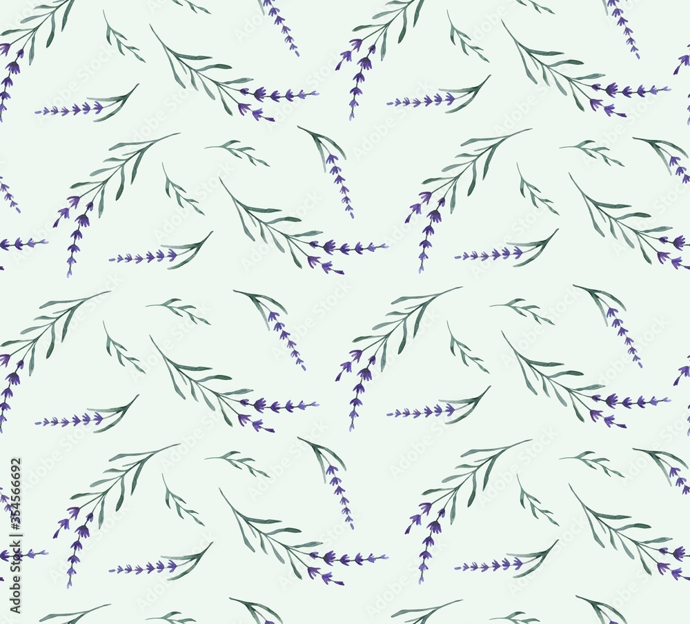 Watercolor seamless lavender pattern on green  background. Rustic wallpapper