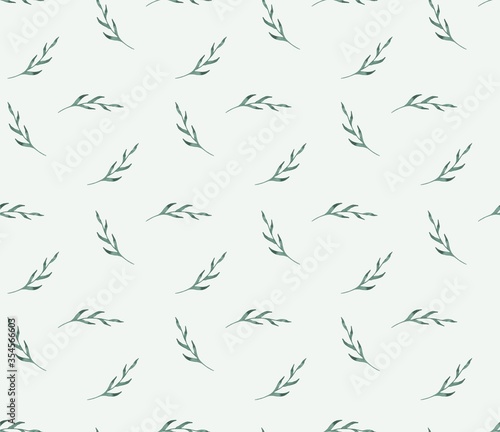 Watercolor seamless branches pattern on green background. Herbal print. Rustic wallpaper
