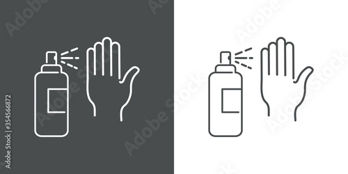 Icono plano lineal spray desinfectante de manos en fondo gris y fondo blanco