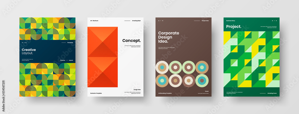 Company identity brochure template collection. Business presentation vector A4 vertical orientation front page mock up set. Corporate report cover abstract geometric illustration design layout bundle.