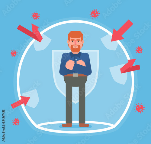 Man standing in a bubble protected from viruses. Virus immunity, protection, vaccine. Minimal design vector illustration