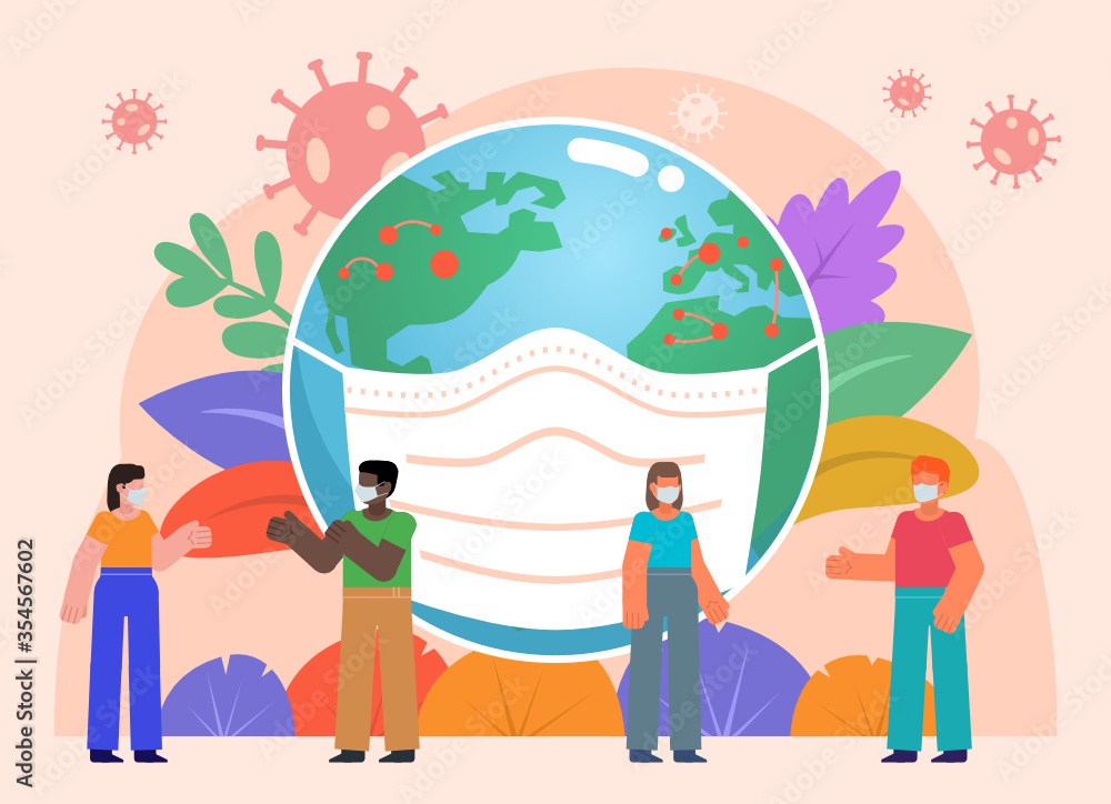 Social distancing due to global pandemic poster. Small people stand near big earth globe in mask. Minimal design vector illustration Social distancing due to global pandemic poster. Small people stand near big earth globe in mask. Minimal design vector illustration