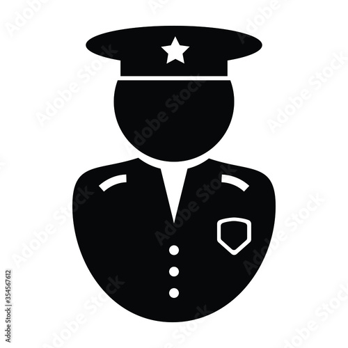 Police Officer Icon. Black and white illustration pictogram icon depicting uniformed law enforcement officer with hat and badge. EPS Vector