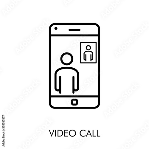 Símbolo vídeo llamada. Icono plano lineal con texto VIDEO CALL con smartphone en color negro