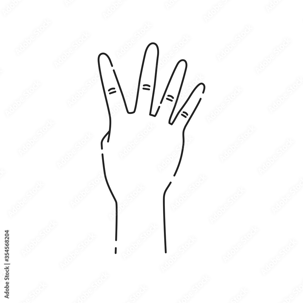 Obraz premium Four fingers gesture line black icon. Make fingers up gesture sketch element. Pictogram for web page, mobile app, promo. UI UX GUI design element. Editable stroke. Hand drawn illustration