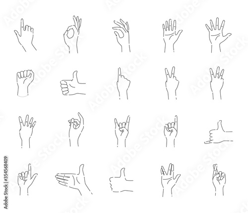 Different hands gestures of human line black icons set. Pictograms for web page, mobile app, promo. UI UX GUI design elements. Editable stroke.