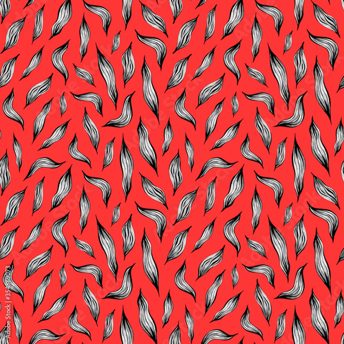 pattern of Grey plant leaves on a red background.Botanical seamless pattern with leaves drawn by hand.