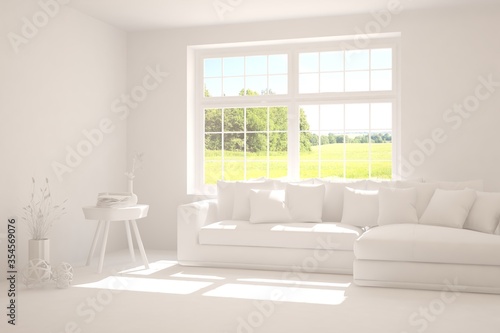 White minimalist living room with sofa. Scandinavian interior design. 3D illustration