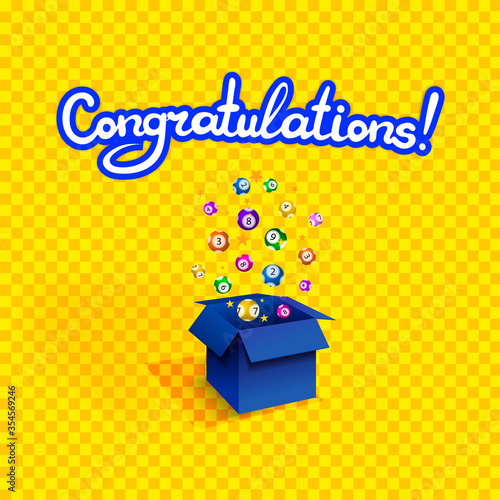 Vector congratulations background, colorful winning prize illustration, surprise box, lottery balls, confetti explosion, lettering