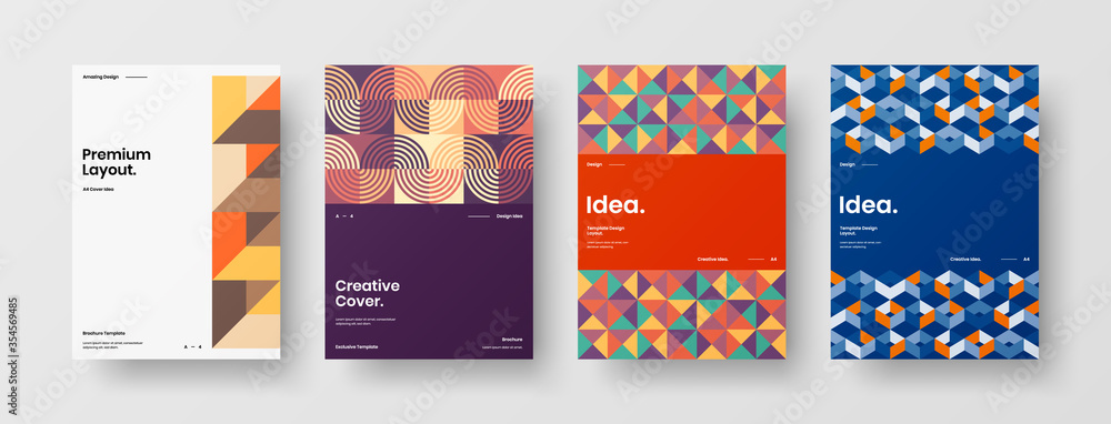 Fototapeta premium Company identity brochure template collection. Business presentation vector A4 vertical orientation front page mock up set. Corporate report cover abstract geometric illustration design layout bundle.