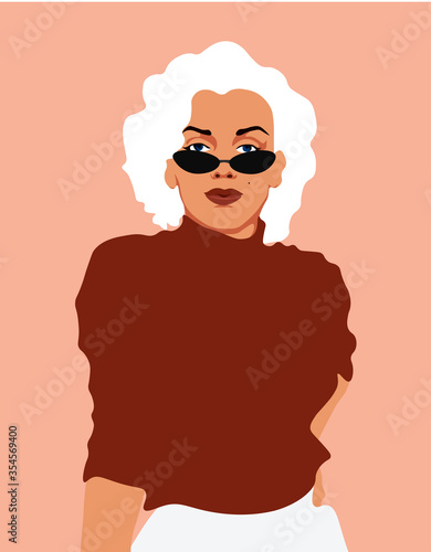 Woman with white hair and sunglasses in Minimal Style. Abstract Contemporary collage in a modern trendy style. Vector Portrait of a female. For Beauty Concept, t-Shirt, card, poster, social media post