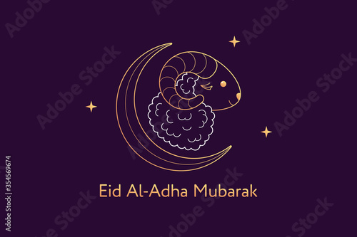 Muslim holiday Eid al Adha Mubarak. Feast of the Sacrifice, composition with golden Sheep, Crescent and Stars photo