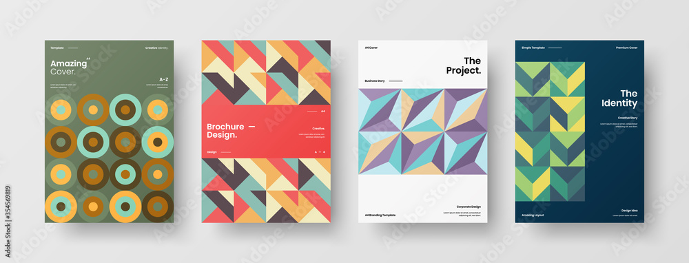 Fototapeta premium Company identity brochure template collection. Business presentation vector A4 vertical orientation front page mock up set. Corporate report cover abstract geometric illustration design layout bundle.