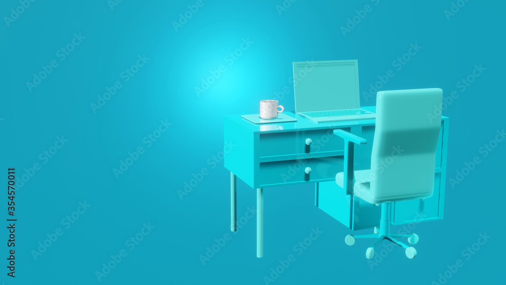 Blue minimal concept 3d render, Laptop on table with coffee mug and chair on blue background color with copy space for your text. Blue minimal concept 3d render, Laptop on table with coffee mug and chair on blue background color with copy space for your text.