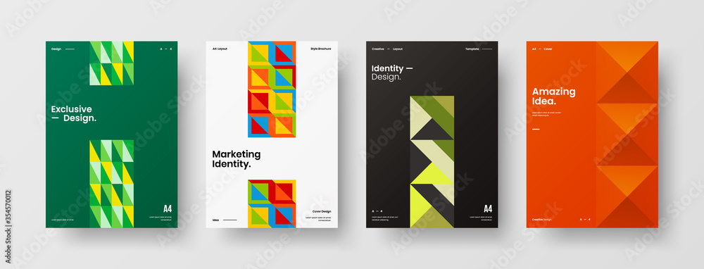 Company identity brochure template collection. Business presentation vector A4 vertical orientation front page mock up set. Corporate report cover abstract geometric illustration design layout bundle. Company identity brochure template collection. Business presentation vector A4 vertical orientation front page mock up set. Corporate report cover abstract geometric illustration design layout bundle.