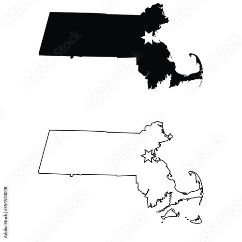 Massachusetts MA state Map USA with Capital City Star at Boston. Black silhouette and outline isolated on a white background. EPS Vector
