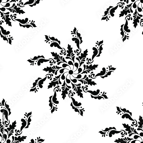 black and white floral elements of mandala design isolated on white background is in Seamless pattern 