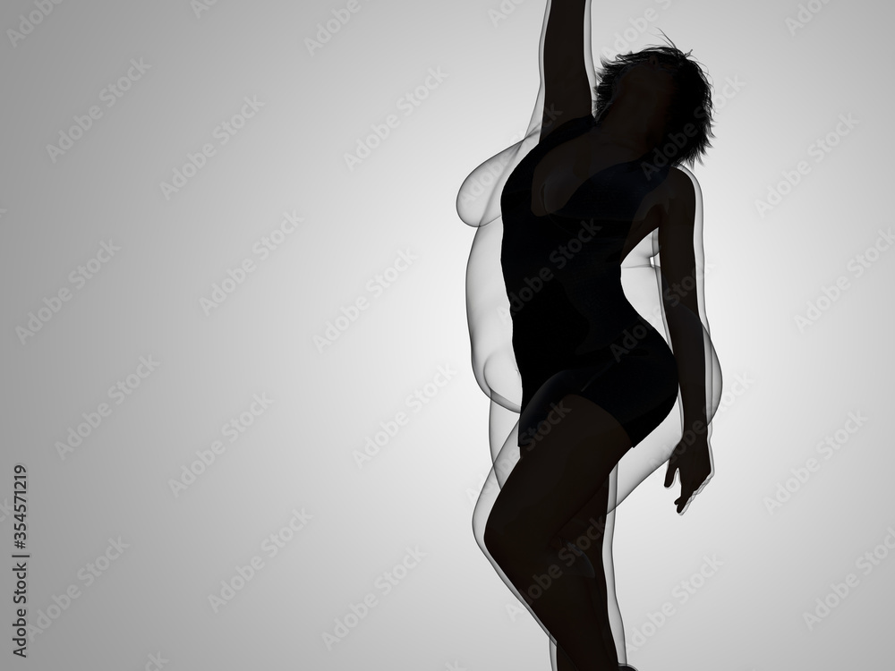 Conceptual fat overweight obese female vs slim fit healthy body after weight loss or diet with muscles thin young woman on gray. A fitness, nutrition or fatness obesity, health shape 3D illustration Conceptual fat overweight obese female vs slim fit healthy body after weight loss or diet with muscles thin young woman on gray. A fitness, nutrition or fatness obesity, health shape 3D illustration
