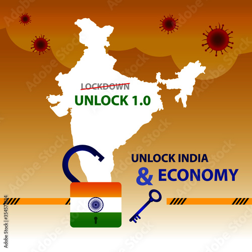 Unlock India. Now we are open again. India Unlock 1.0 after very long and strict lockdown to fight with covid-19. Indian economy and industry is now opening in different phase. Graphic for website and