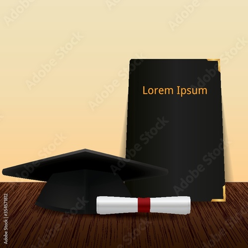 Mortarboard with scroll and book