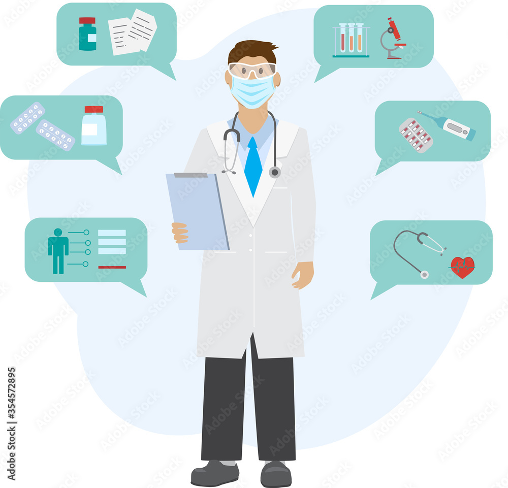 Medical concept. The doctor in a protective mask and glasses. Messages around Medical concept. The doctor in a protective mask and glasses. Messages around