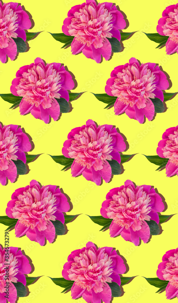 Pink peony flowers regular vertical pattern on yellow background. Beautiful blooming head for mobile phone desktop website floral design. Paeonia lactiflora plant green leaves. Colorful peonies petals Pink peony flowers regular vertical pattern on yellow background. Beautiful blooming head for mobile phone desktop website floral design. Paeonia lactiflora plant green leaves. Colorful peonies petals