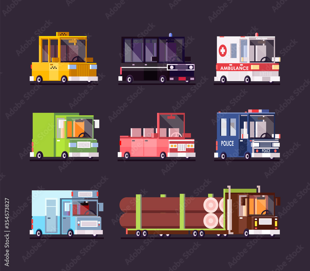 Car and bus pixel art set. Transport icons police car and yellow taxi ...