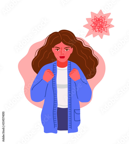 Angry aggressive irritated woman with wild hair and red face, clenches his hands into fists. Hand-drawn vector character.
