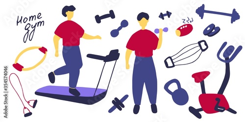Sport set. Icons of sports equipment and training people. Workout at home, sport exercises at home. Flat vector graphic