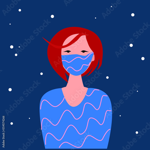 
Fashion quarantine mask woman for fashion design. Protective medical face mask. Vector. Female mask. Isolated vector art. Coronavirus outbreak concept. Cartoon flat illustration