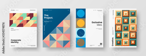 Company identity brochure template collection. Business presentation vector A4 vertical orientation front page mock up set. Corporate report cover abstract geometric illustration design layout bundle.